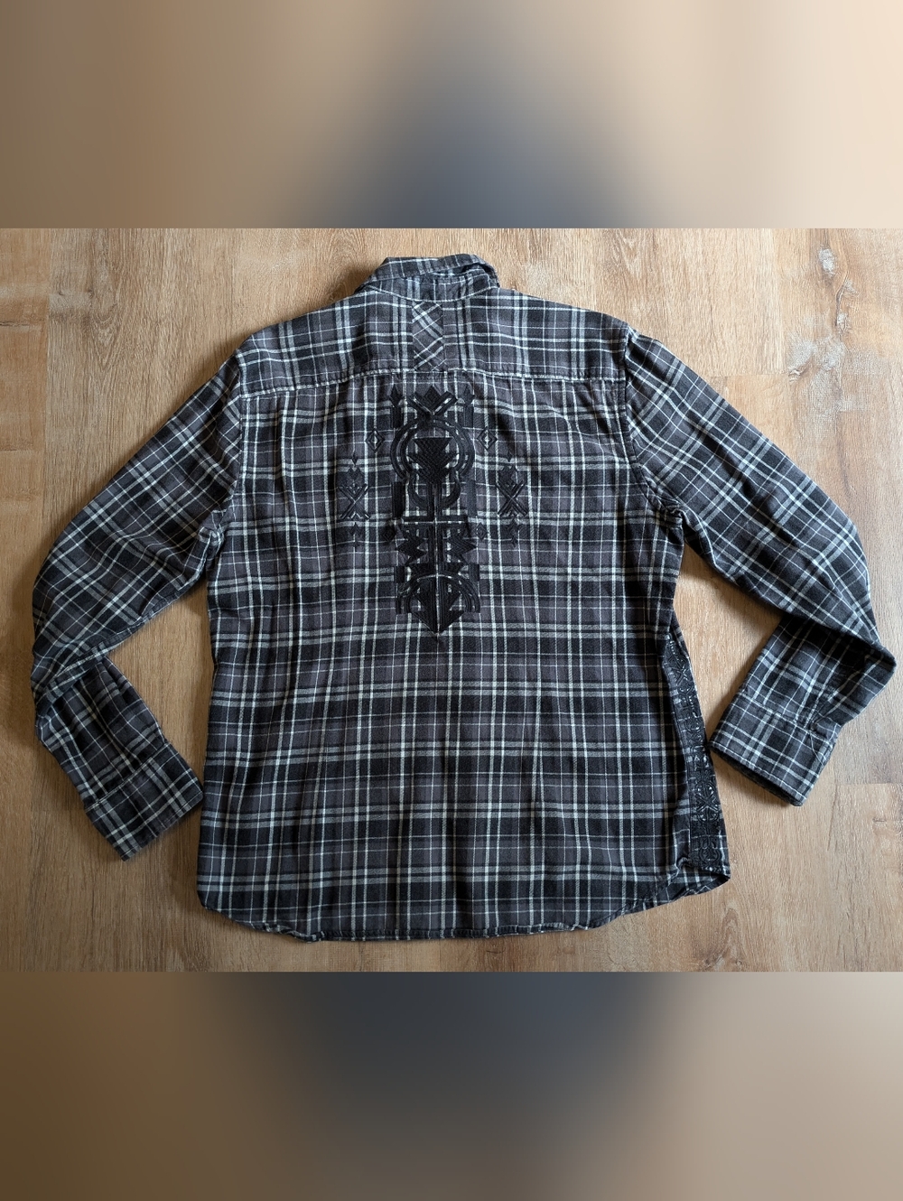 Guess Los Angeles Men's Black Plaid Button-Down Shirt with Back Embroidery XL